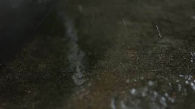 Heavy rain closeup with raindrops, eaves flow, bamboo leaf and calm white noise.