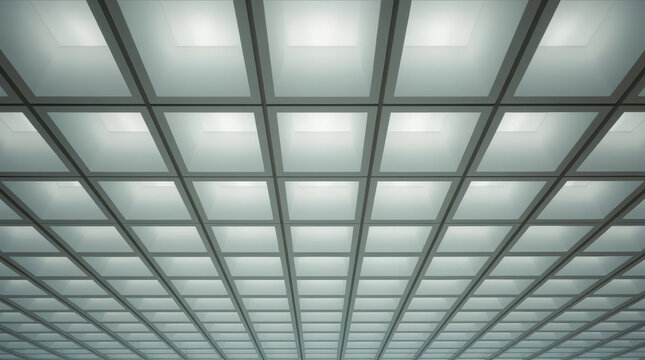 Glowing grid ceiling with repeating square light panels, minimalist modern interior ambiance