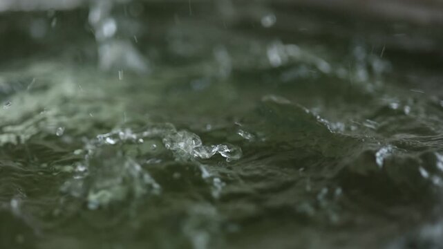 Heavy rain closeup with raindrops, eaves flow, bamboo leaf and calm white noise.