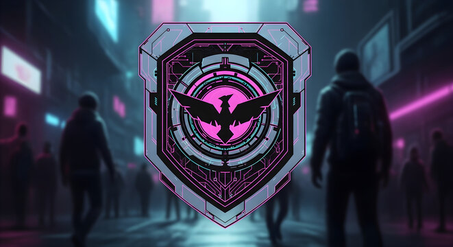 Futuristic Cyberpunk Shield Emblem Featuring A Glowing Neon Phoenix Crest Over A Busy Blurred City Street Background