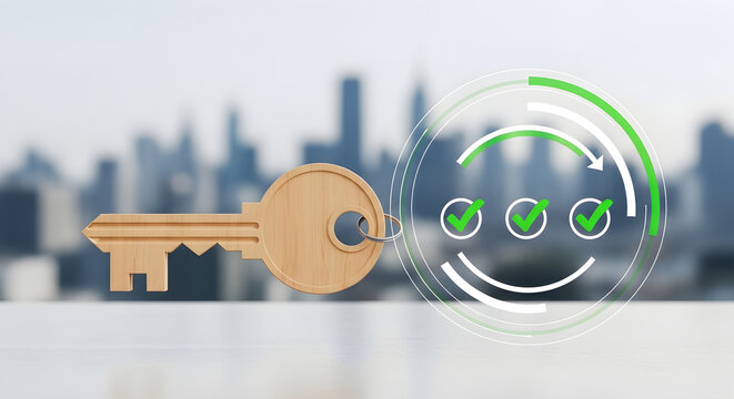 Wooden Key with Checkmarks Icon Representing Successful Solution and Secure Strategy in Urban Business Concept
