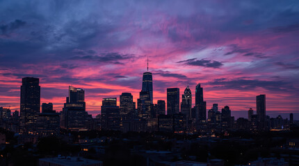 Fototapeta premium Twilight skyline with illuminated office window silhouettes and dramatic pink clouds