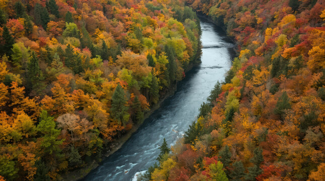 Autumn river winding through colorful forest with vibrant fall foliage and serene mood