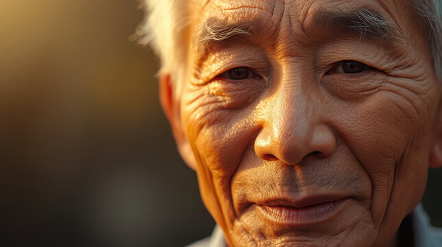 Elderly Asian man close up portrait with warm golden light and gentle expression