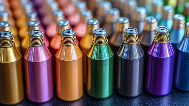 Colorful metal cartridges arranged on dark surface