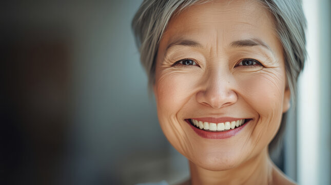 Asian senior woman smiling warmly close up portrait with soft natural light