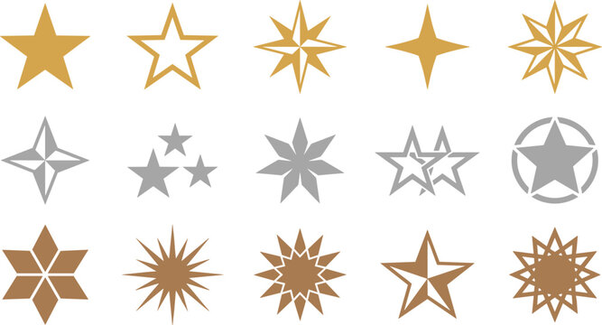 Gold, Silver, and Bronze Star Icon Set Featuring Various Geometric Sparkle Shapes, Compass Points, and Award Symbols for UI Design and Ratings