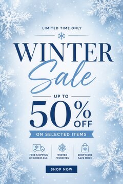 Winter sale promotion banner with snowflake border seasonal discount offer and holiday shopping event