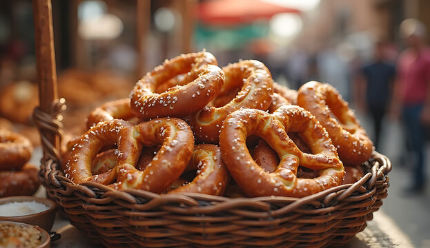 Freshly baked golden brown glazed donuts in a rustic basket. Sweet pastries with sugar coating ready for breakfast or dessert display.