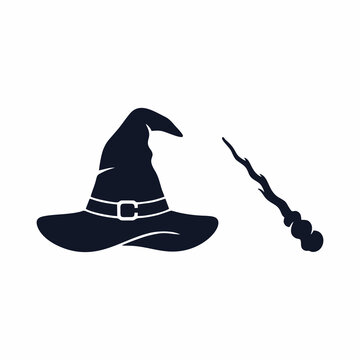 Witch hat and magic wand icon set isolated on white background for halloween design concept