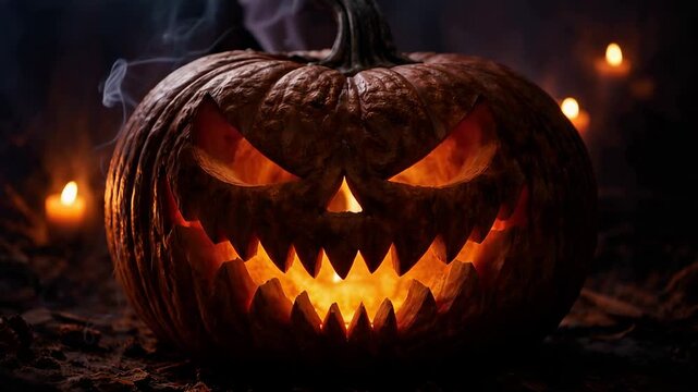 Glowing evil Halloween jack o lantern with sinister carved face in dark spooky night horror atmosphere