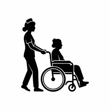 Nurse pushing elderly woman on wheelchair silhouette icon