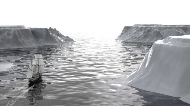 Historic polar exploration ship handcrafted interpretation of Endurance in iceberg area 3D render based on historical data aerial view in black and white artificial artifacts nad noise to look old