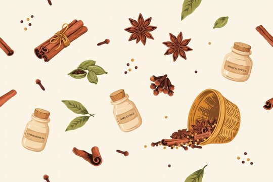 Seamless pattern of culinary spices including cinnamon sticks, star anise, cloves, cardamom pods, and glass jars on a light beige background