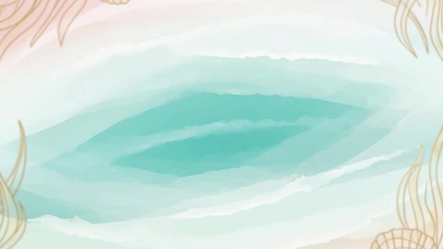 Pastel watercolor ocean background with teal waves and gold seashell and seaweed border. calm coastal abstract art and serene seaside design.
