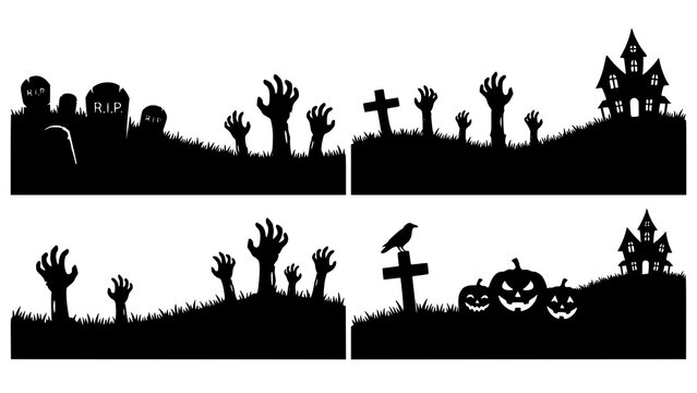 Set of scary halloween silhouettes with zombies hands pumpkins and old houses