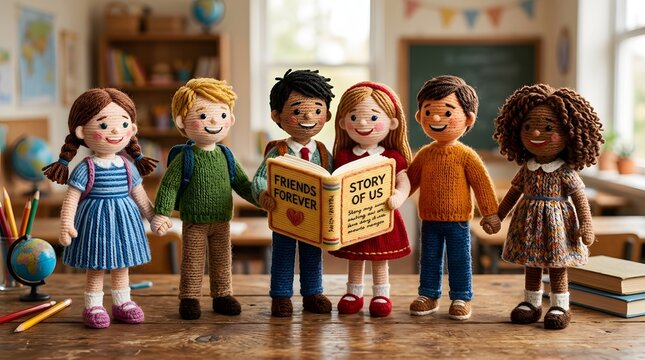 Handcrafted felt school boys and girls figures holding hands and reading a book together in a classroom