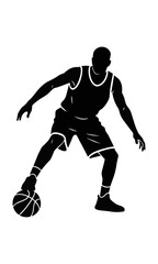 Fototapeta premium Black silhouette of a basketball player standing with a foot on a basketball in a dynamic pose minimalist sports concept
