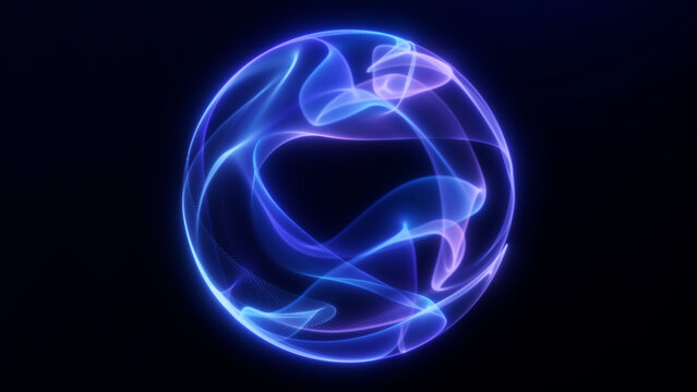 Luminous violet and blue digital sphere with fluid translucent forms and radiant glow on a dark background. Great for futuristic technology, abstract science and innovation themes.