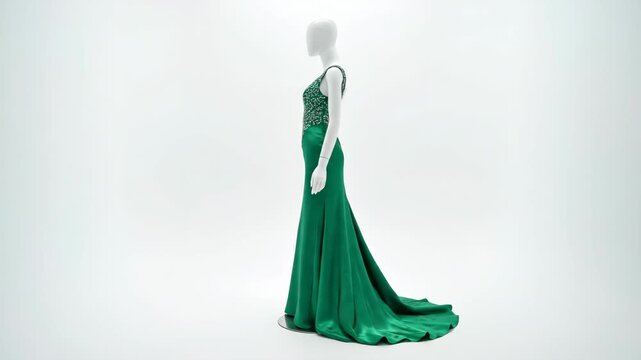 Emerald Green Evening Gown with Beaded Bodice on White Mannequin Rotating Slowly in Pure Seamless Studio