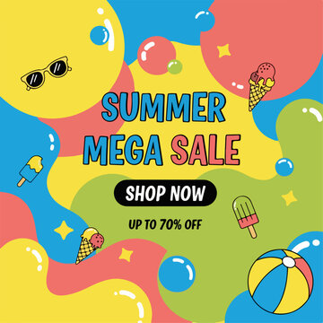 Modern shopping sale design with vibrant typography and cheerful abstract visual elements
