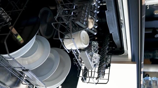 Clean kitchen utensils and tableware inside automatic dishwashing machine.