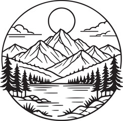 Fototapeta premium A mountain range depicting a serene natural landscape with pine trees and a circular sun for wilderness and outdoor