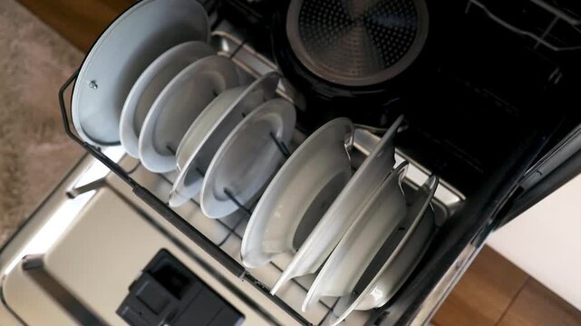 Clean kitchen utensils and tableware inside automatic dishwashing machine.