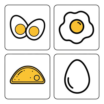 Various egg preparations set featuring peeled boiled eggs fried sunny side up omelette half and raw whole egg vector icon.