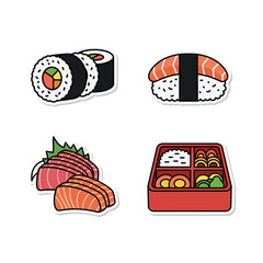 Selection of Japanese cuisine sushi icons including nigiri maki roll raw fish sashimi and traditional red bento box set. © JAHIDUL STOCK