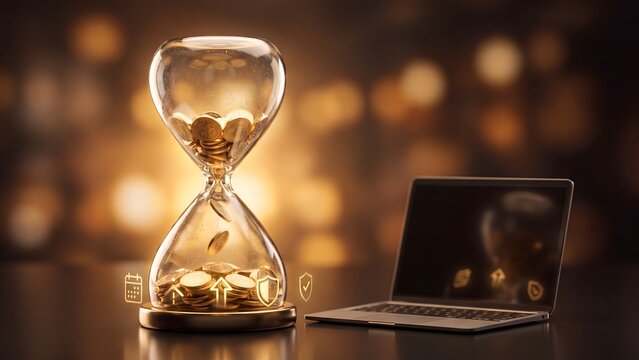 Time value of money concept with hourglass filled with gold coins beside laptop showing calendar shield and savings growth for wealth planning