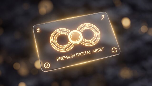 Digital asset management card with glowing crypto tokens showing download sync and verified ownership for blockchain based portfolio and token exchange