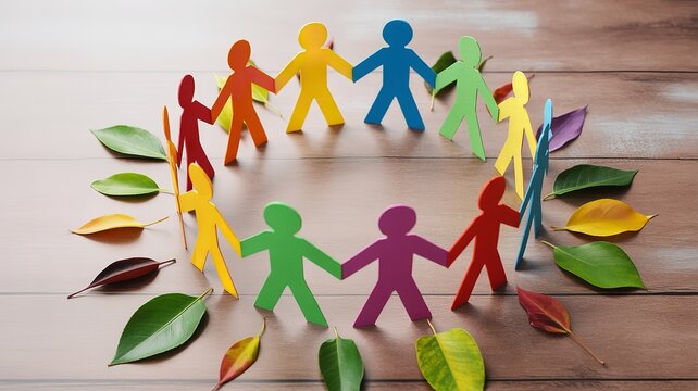 Colorful paper cutout figures holding hands in circle with green leaves symbolizing unity diversity community and harmony with nature