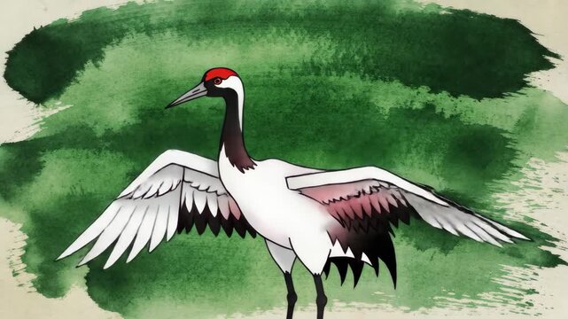 Red crowned cranes in flight and standing against abstract green watercolor background graceful motion