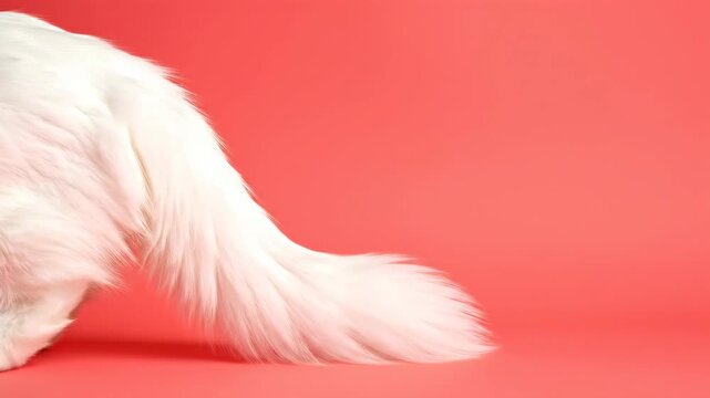 Fluffy White Cat Tail Swishing and Flicking Against Solid Salmon Pink Clean Background