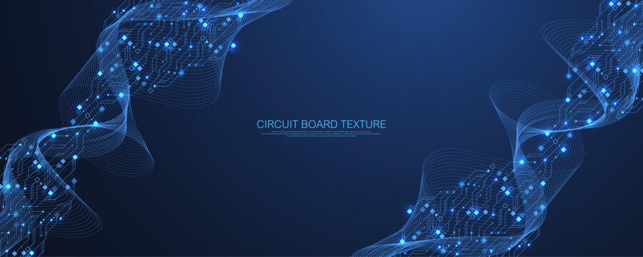 Futuristic blue circuit board system background. Modern technology circuit board texture background design. Quantum computer technology concept. Motherboard vector illustration