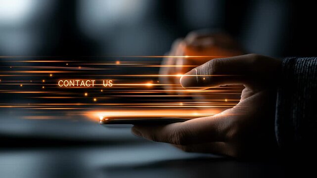 Hand holding a phone with contact details glowing in dark background