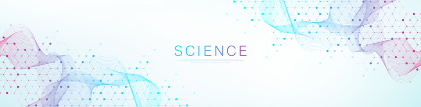 Molecular abstract structure and genetic engineering DNA. Healthcare and medicine background concept. Scientific research background. Wave flow. Innovation pattern. Vector illustration.