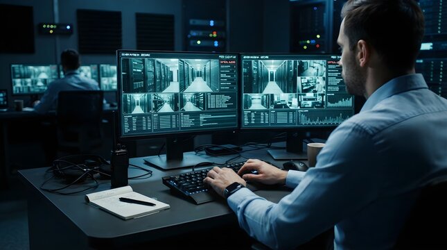 Professional male security analyst monitoring multiple server room surveillance feeds on bright blue computer screen displays