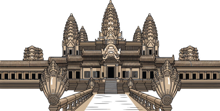 Angkor Wat Temple Complex, Cambodia - Stylized Vector Illustration