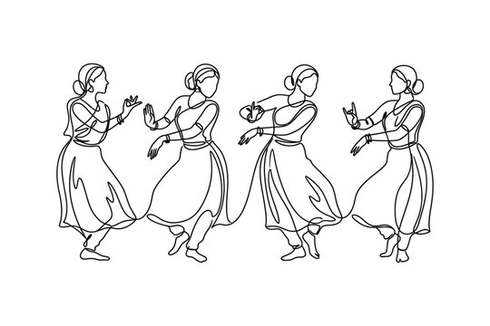 Continuous line drawing of four Indian classical dancers performing a traditional dance.