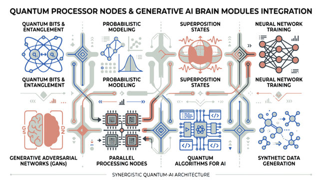 Quantum Processor Nodes and Generative Artificial Intelligence Architecture Infographic