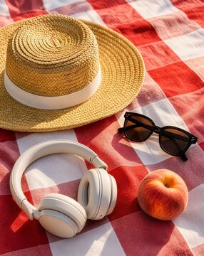 Summer picnic essentials flat lay with straw hat, sunglasses, headphones and peach, concept of leisure and relaxation