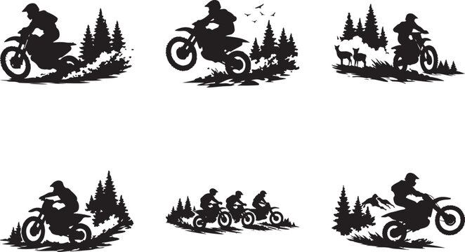 Motocross rider racing through forest trails showcasing off road adventure and speed silhouette vector