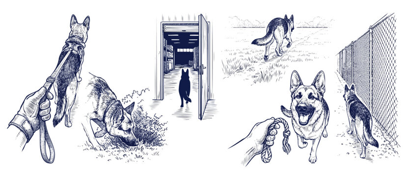 German Shepherd working dog set in hand drawn vintage engraving line art style showing K9 training, tracking, patrolling, and obedience with handler for security concept and search rescue designs.