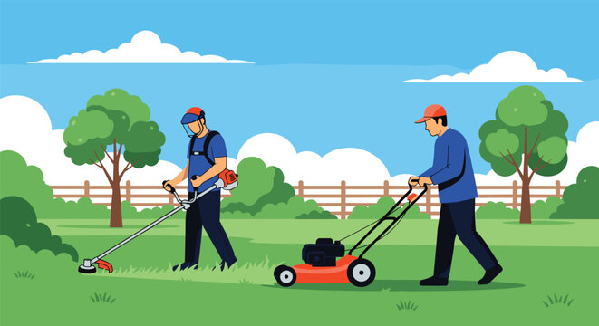Garden maintenance service illustration with professional workers using a lawn mower and grass trimmer in a public park on a sunny day.