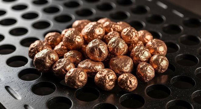A pile of shiny, irregularly shaped copper nuggets on a perforated dark surface