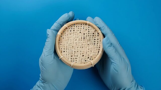 Scientist's gloved hands gently handle petri dish with agar culture in laboratory setting with blue background