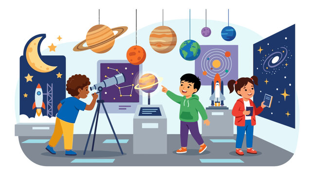 Kids Learning Astronomy in Science Museum Planetarium