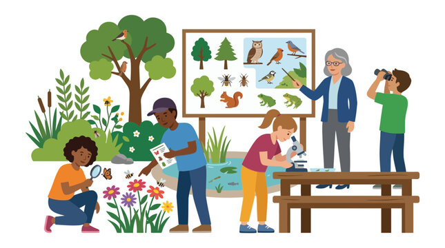 Diverse Children Studying Nature and Wildlife with Teacher in Outdoor Classroom